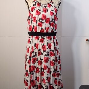 LOFT Red and Black Floral Midi Dress